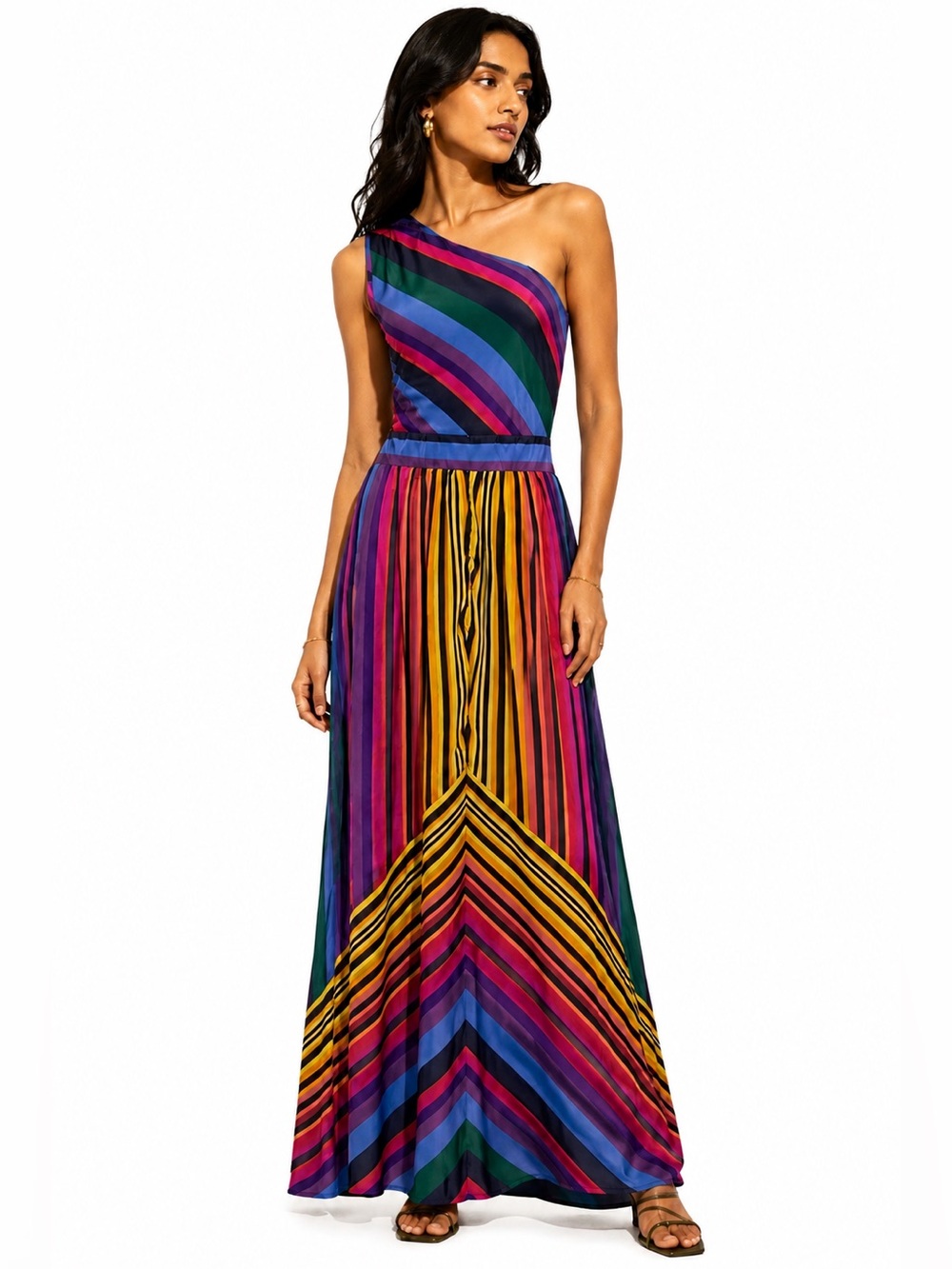 Myth Dress One Shoulder Rainbow Stripe Pink Blue Yellow Maxi Long Medium NWOT